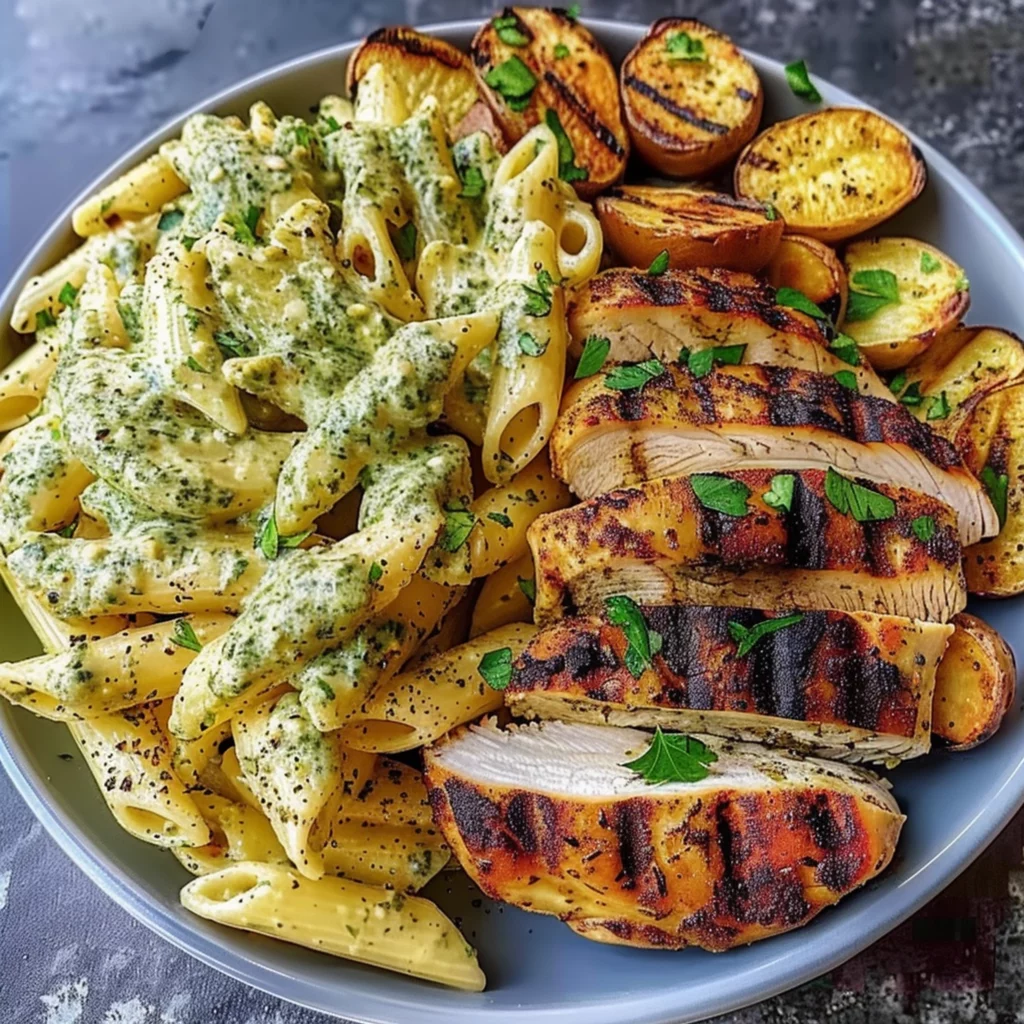 Grilled Chicken with Creamy Pesto Pasta in 45 Minutes - Recipe Image