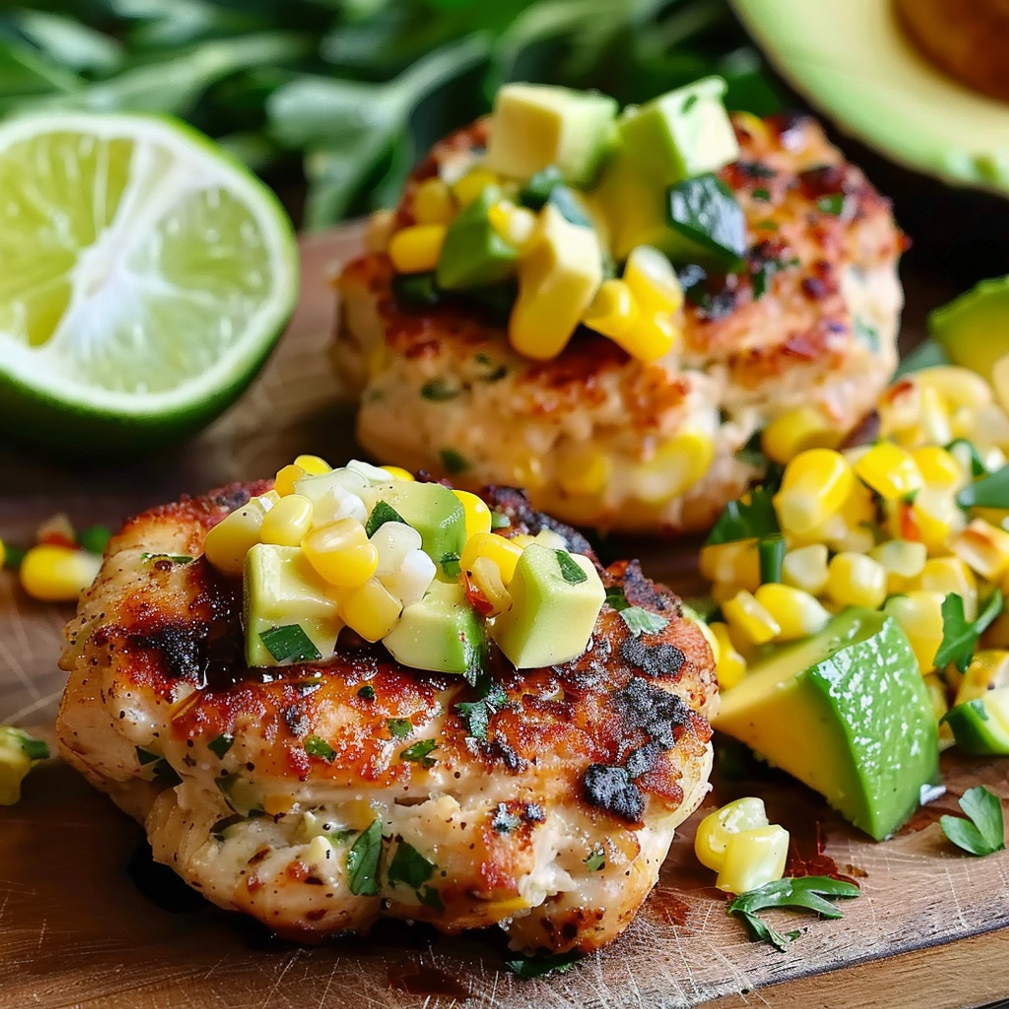 Quick Healthy Chicken Burgers with Avocado Corn Salsa - Recipe Image