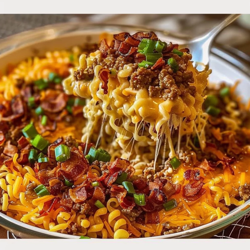 BBQ Bacon Cheeseburger Ramen Bake in 40 Minutes - Recipe Image