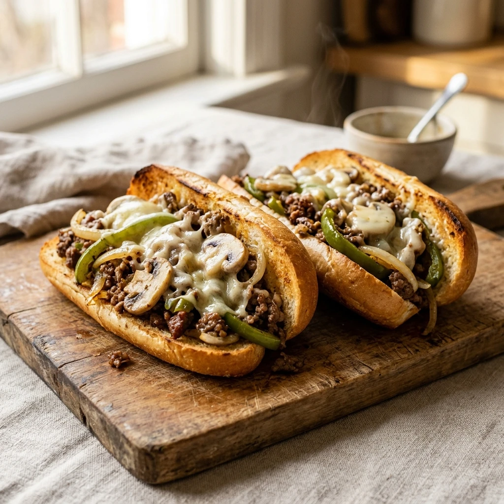 Easy Ground Beef Philly Cheesesteaks for a Quick Dinner - Recipe Image