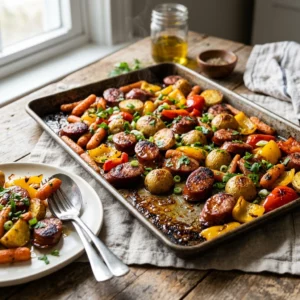 One-Pan Honey Garlic Kielbasa and Veggies Everyone Will Want Seconds Of - Recipe Image